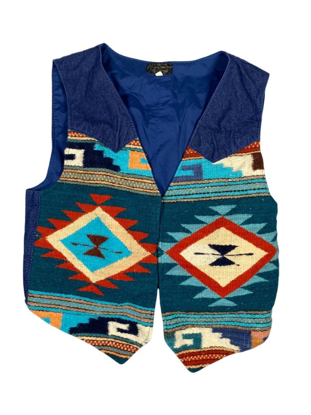 Vintage McLarty Zapotec Wool Navajo-Style Vest W/ Denim Back Adjustable Strap M - Picture 2 of 6